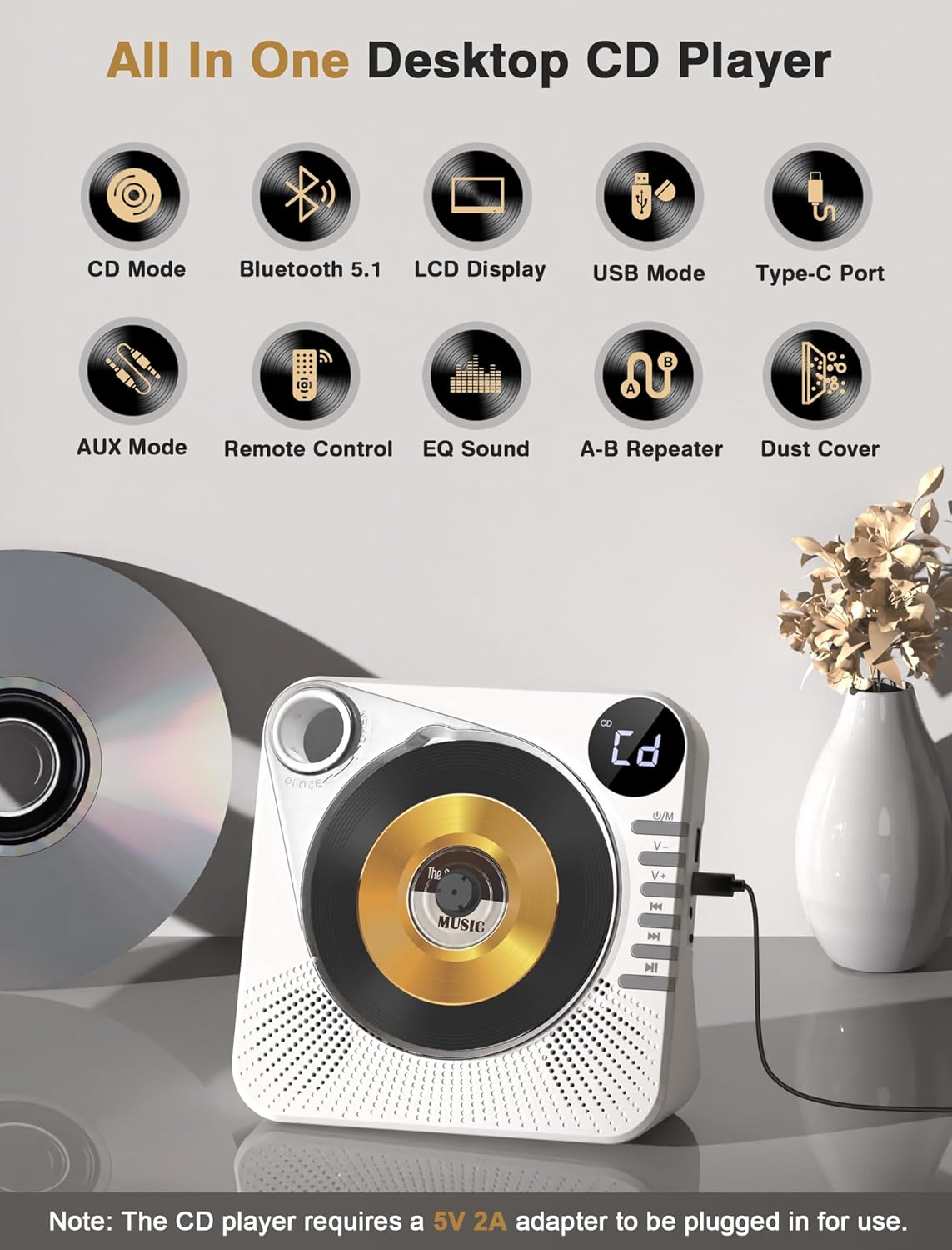 Detalle 2 de Greadio Portable CD Player with Bluetooth 5.1 — Versatile, Space-Saving HiFi for Home Use