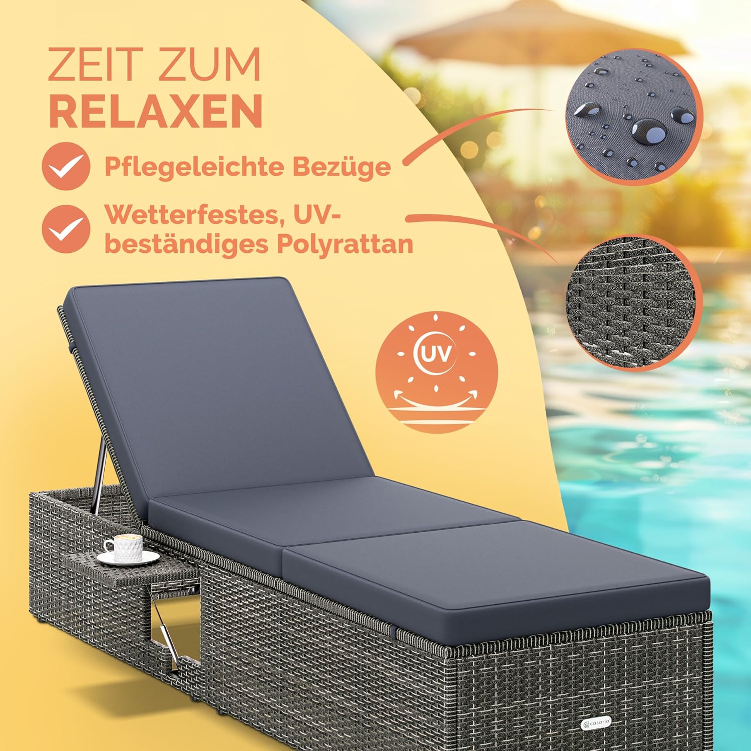 Detalle de Casaria Sonnenliege mit Klapptisch – 200x58 cm, 7 cm Auflagen, wetterfest, bis 160 kg