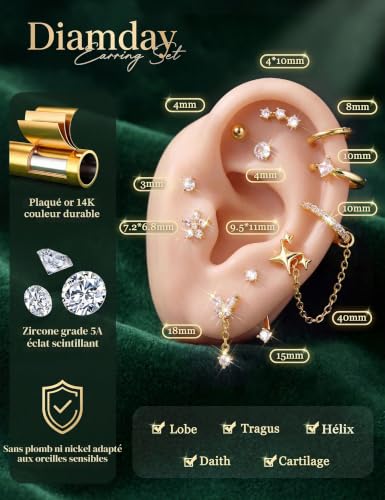 Detalle 2 de Diamday 11 Paires Boucles d'Oreilles Femme – Acier Inoxydable et Or 14K, Créoles et Pendantes