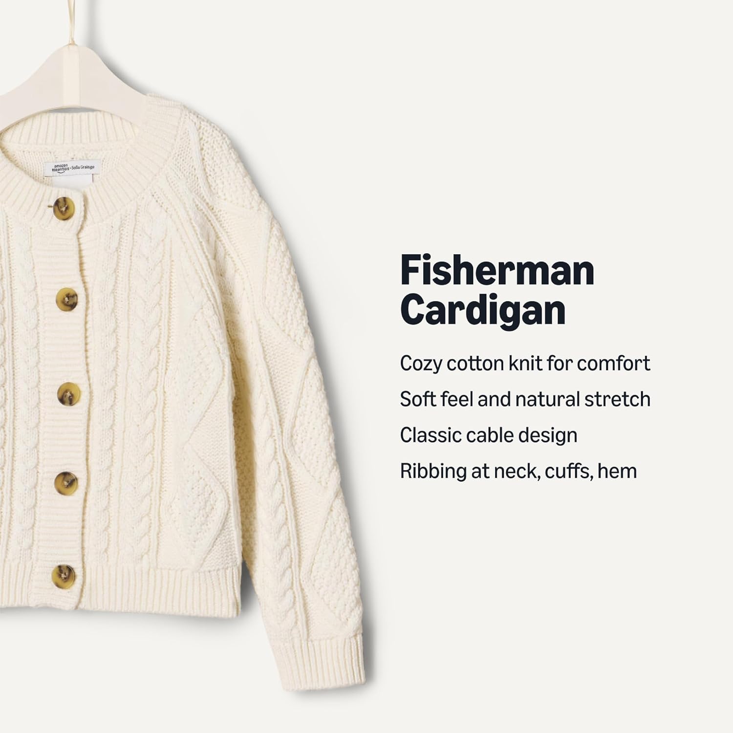 Detalle de Amazon Essentials x Sofia Grainge Unisex Toddlers and Babies' Cable Knit Fisherman Cardigan Sweater