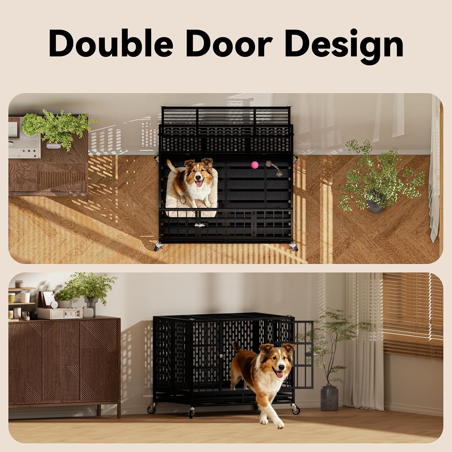 Detalle de HMHTCT 42-Inch Heavy-Duty Dog Crate with Wheels, Double Doors and Tray