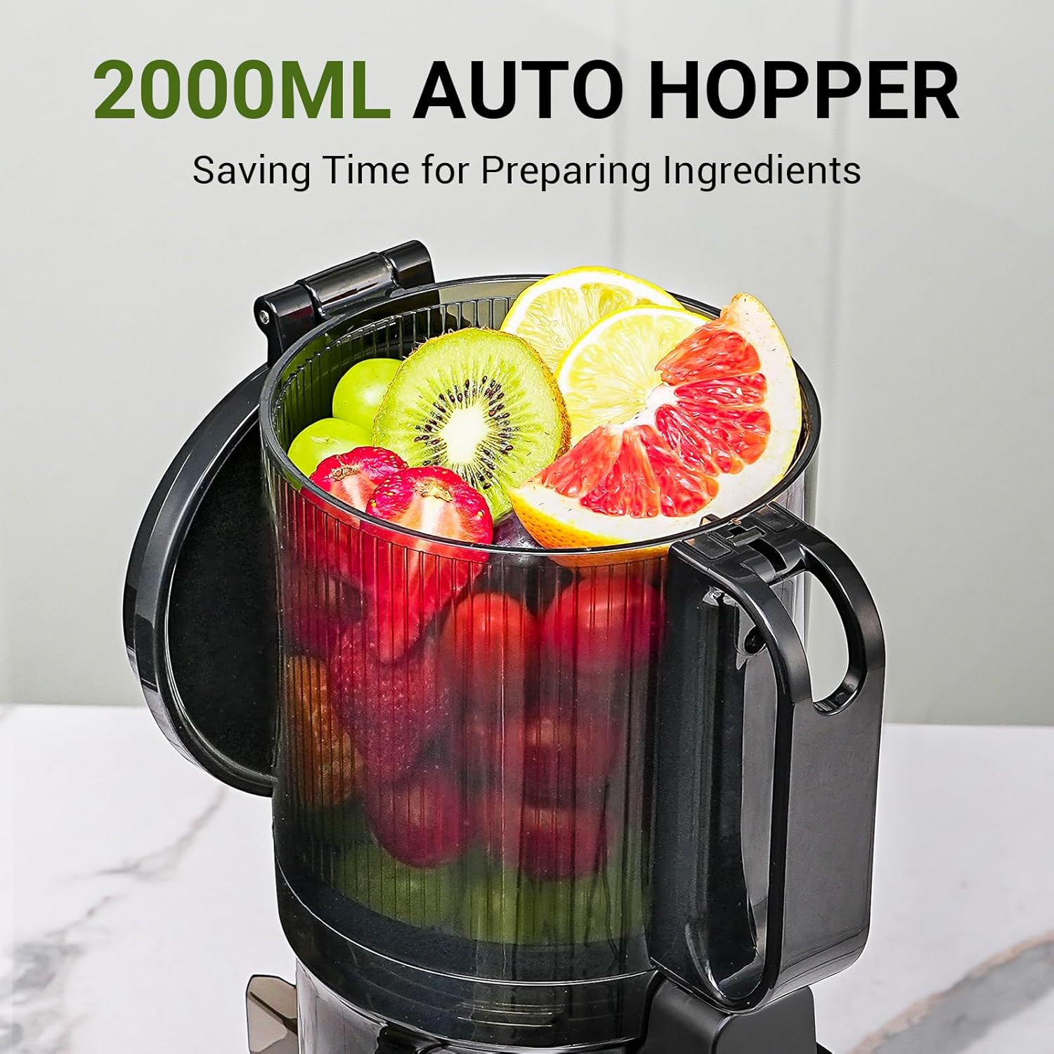 Detalle de AMZCHEF Automatic Cold Press Juicer Machine (250W) with 145mm Chute and 2L Capacity, Triple Filter, Safety Lock