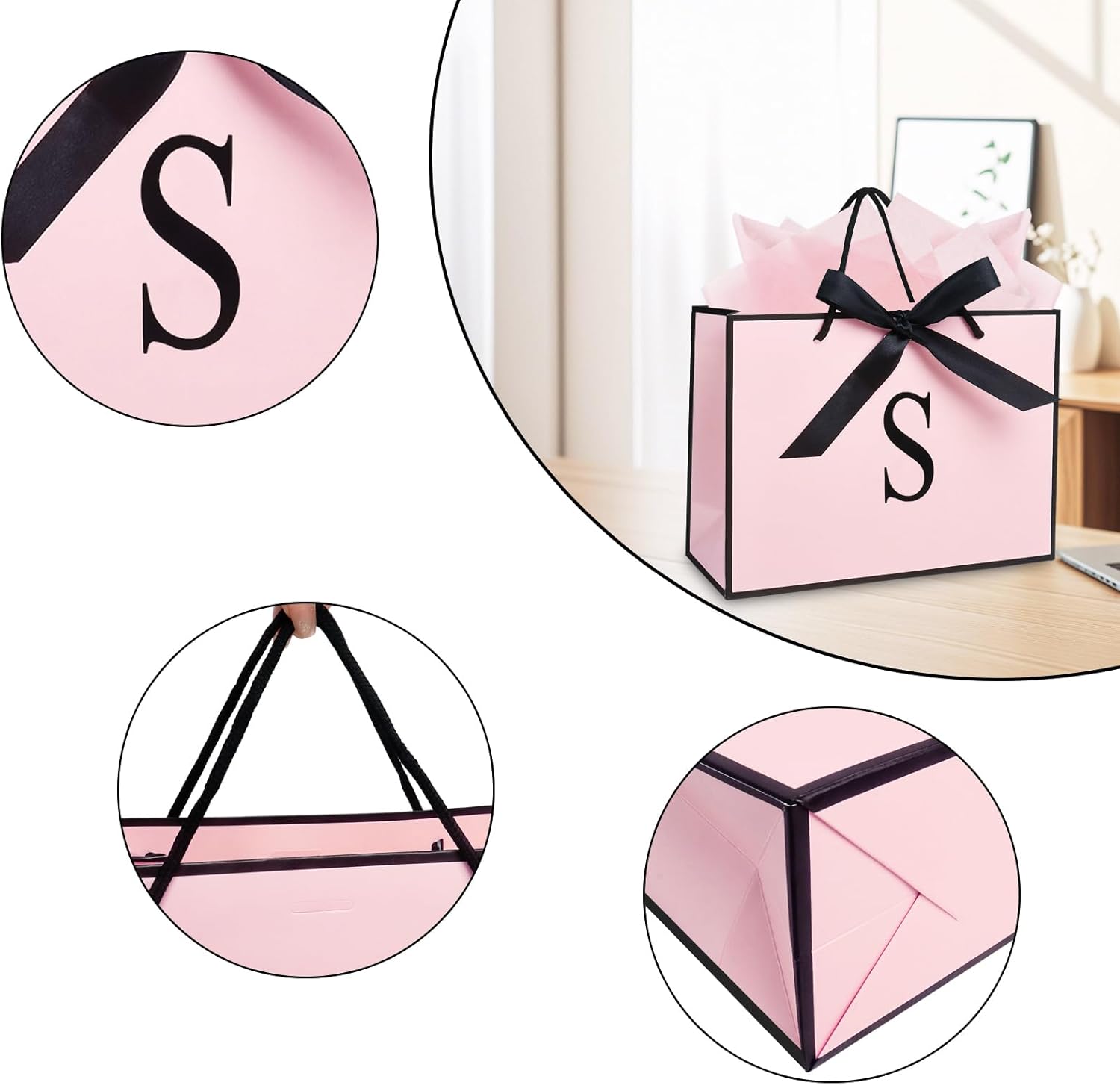 Thumbnail 2 de Pink Gift Bags with Tissue Paper and Card – Initial Design Gift Set (28×20×10 cm)