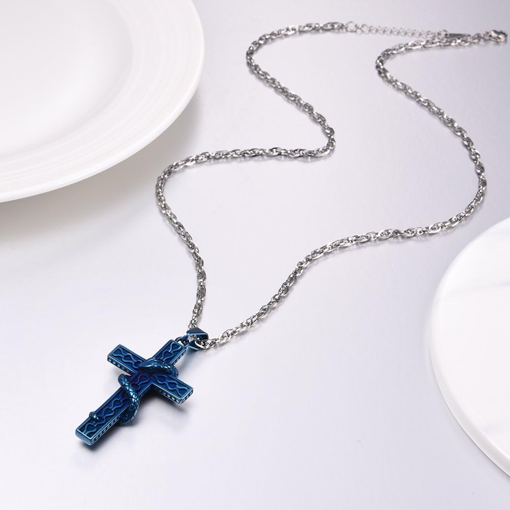 Thumbnail 1 de Collier PROSTEEL unisexe avec pendentif croix et serpent en acier inox 316L, émail bleu (style punk rock)