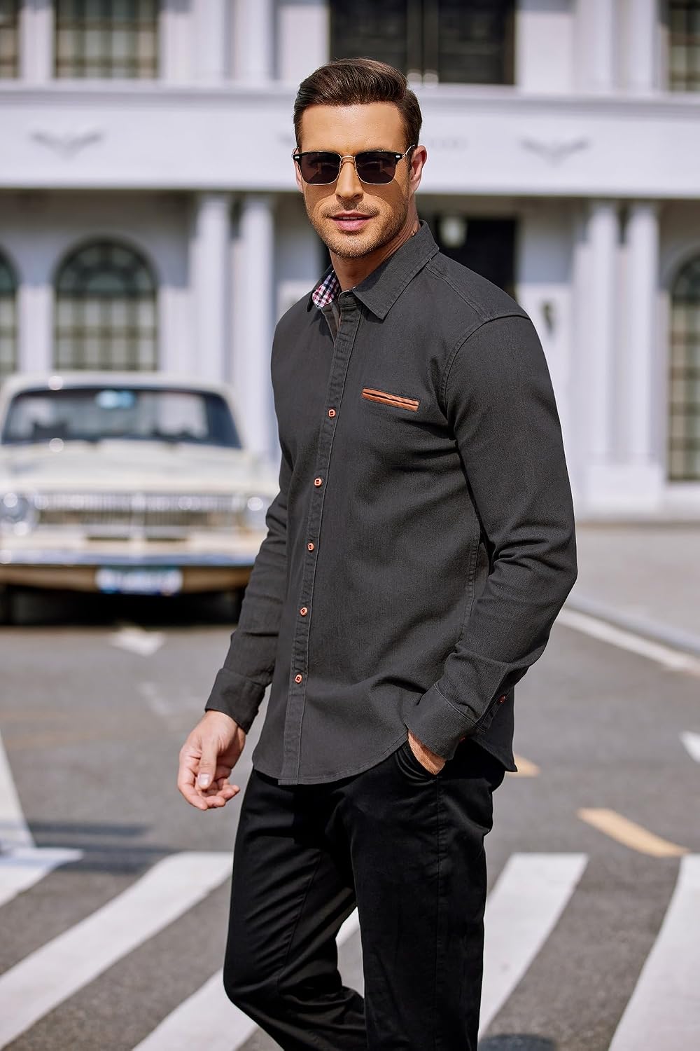 Detalle de COOFANDY Denim Shirt Langarm – Jeanshemd mit Kent-Kragen und Cowboy-Style