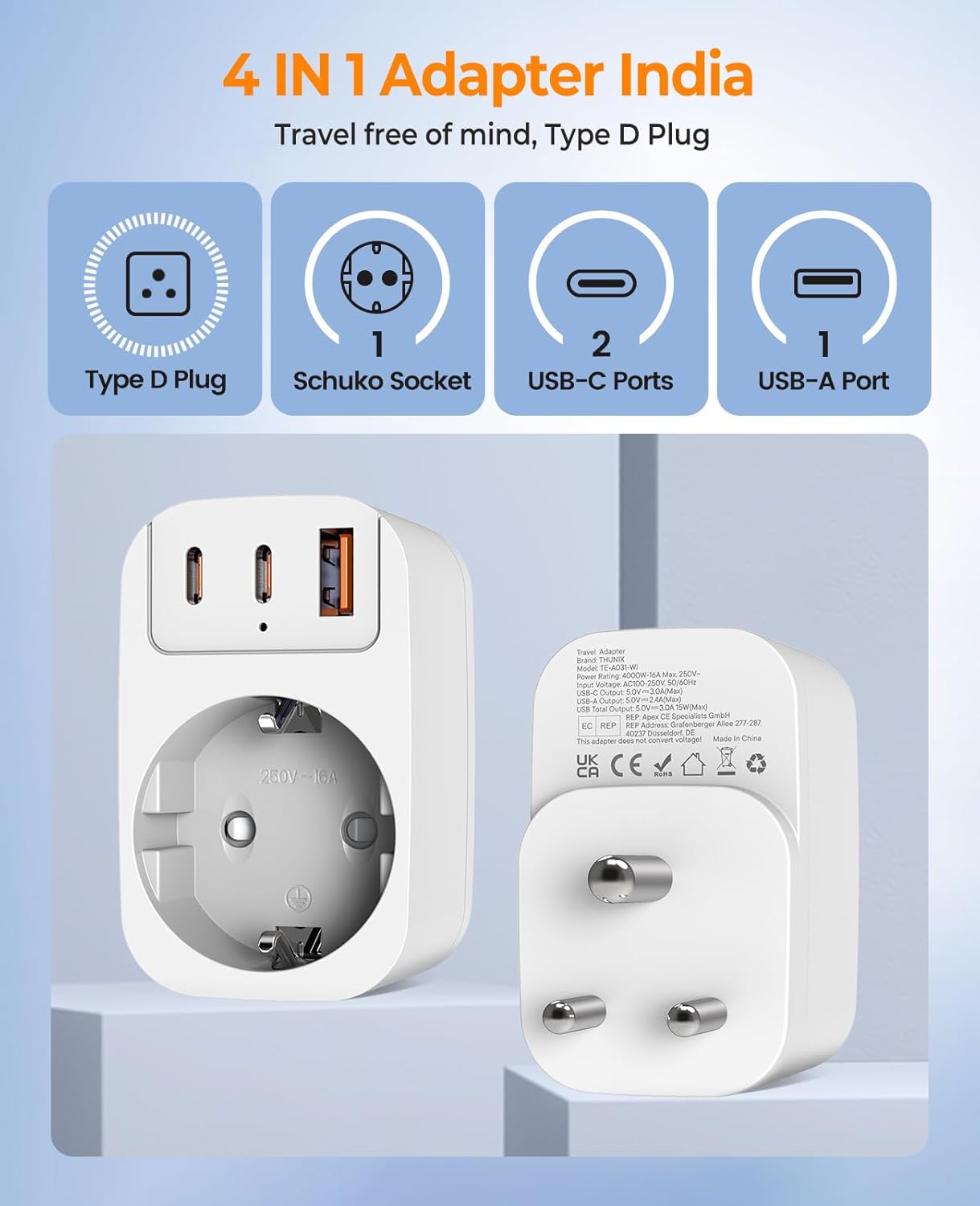 Thumbnail 1 de THUNIX Adaptateur voyage France vers Inde 4 en 1 avec 3 USB (2 Type C) et prise Type D