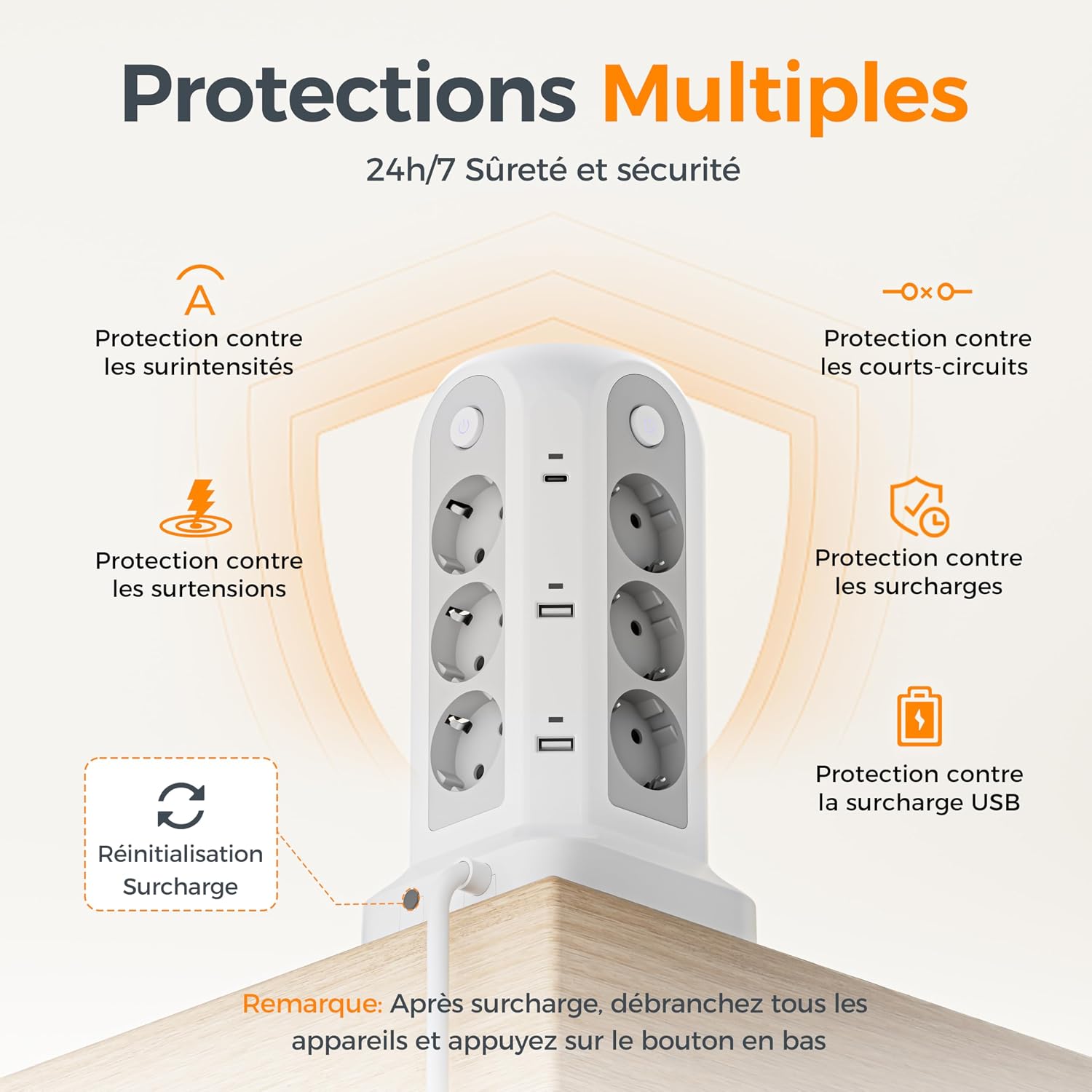 Thumbnail 4 de TESSAN Tour Multiprise avec Interrupteur: 6 USB (4A2C) + 12 prises, rallonge 5m, parafoudre — bureau et maison