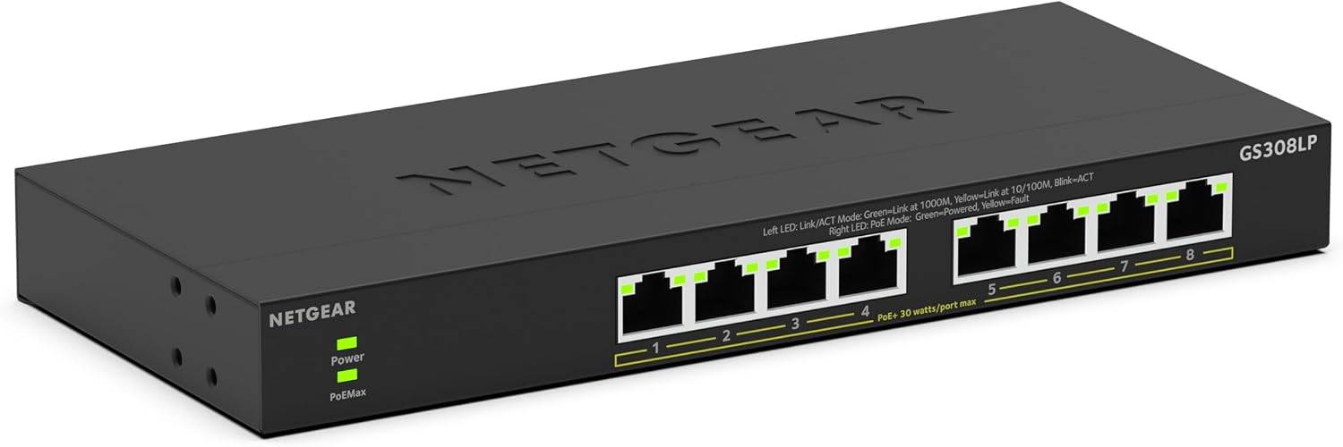 Detalle de NETGEAR 8-Port PoE Gigabit Ethernet Unmanaged Essentials Switch (GS308LP) mit 8× PoE+ (60 W) – Plug-and-Play