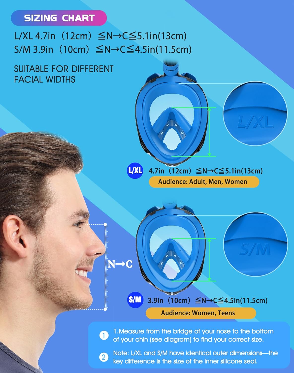 Detalle 2 de Greatever G2 Full Face Snorkel Mask with Dry Top System and Camera Mount