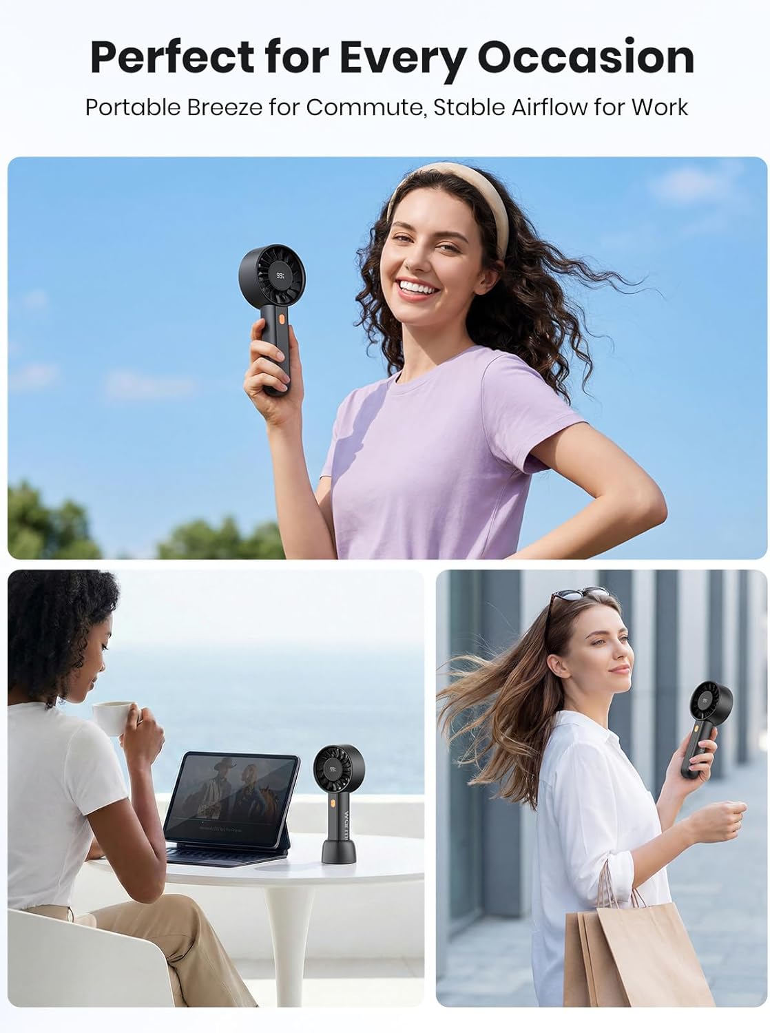 Thumbnail 6 de Warmco Portable Handheld Turbo Fan 5000mAh – 4 Speeds, USB Rechargeable, with Base and Lanyard