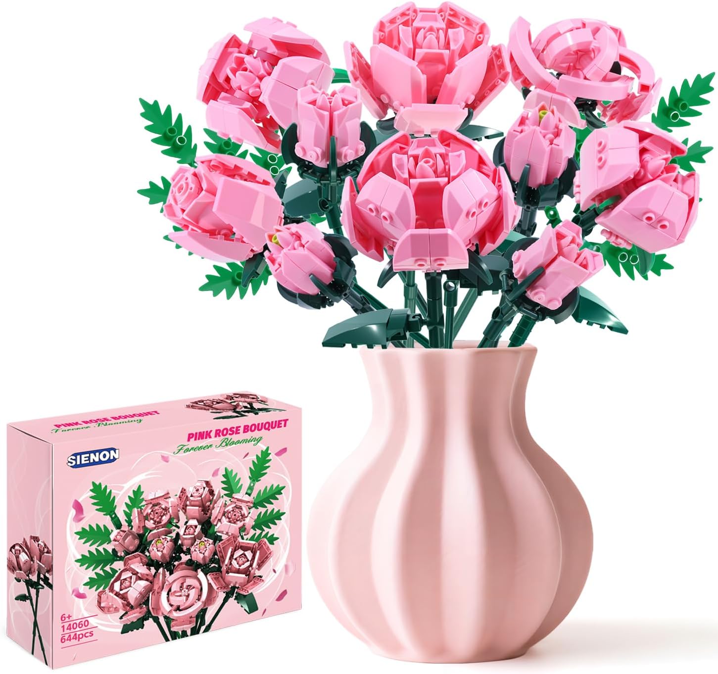 Detalle de SIENON Pink Rose Flower Building Set – 10 Roses + 2 Leaves (Botanical Collection)