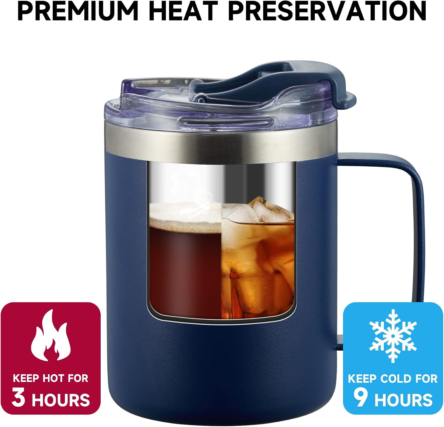 Detalle de ALOUFEA 12oz Insulated Stainless Steel Coffee Mug with Handle and Flip Lid (Navy)