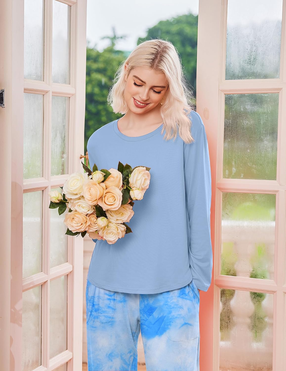 Detalle 1 de Ekouaer 2-Pack Women's Pajama Sets with Long Sleeves, Pockets & Drawstring Pants
