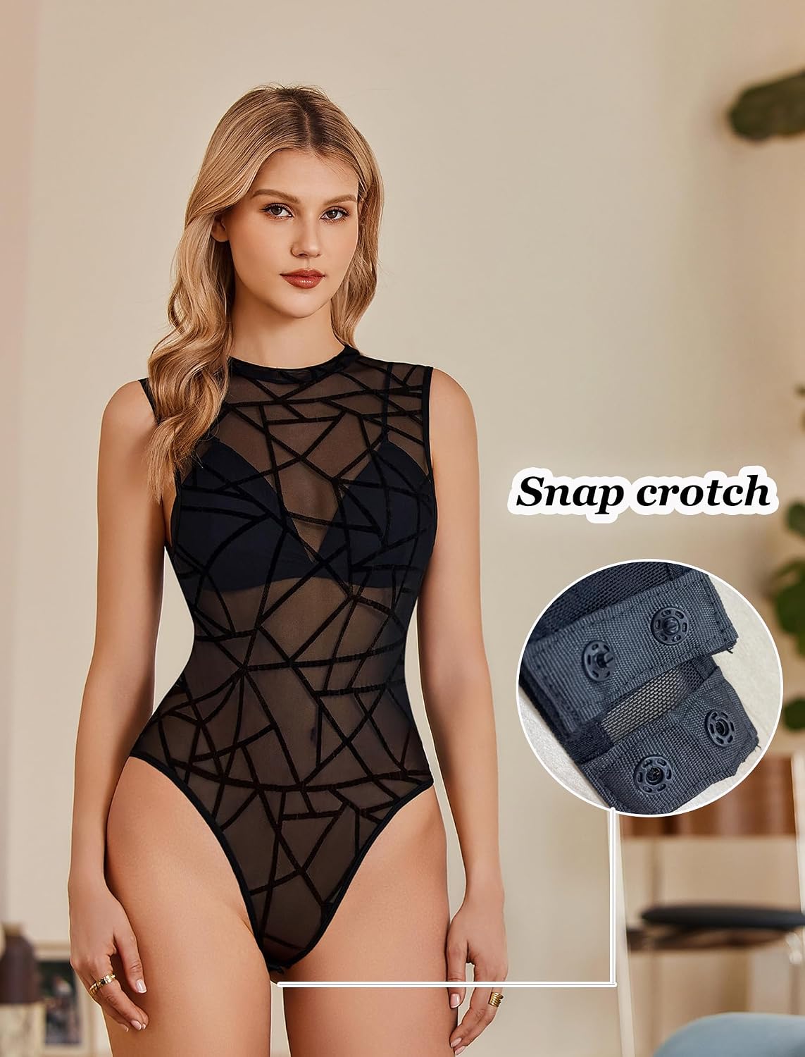 Detalle de Avidlove Damen Mesh Bodysuit – ärmelloses Netzoberteil mit Rundhals, transparentes Design