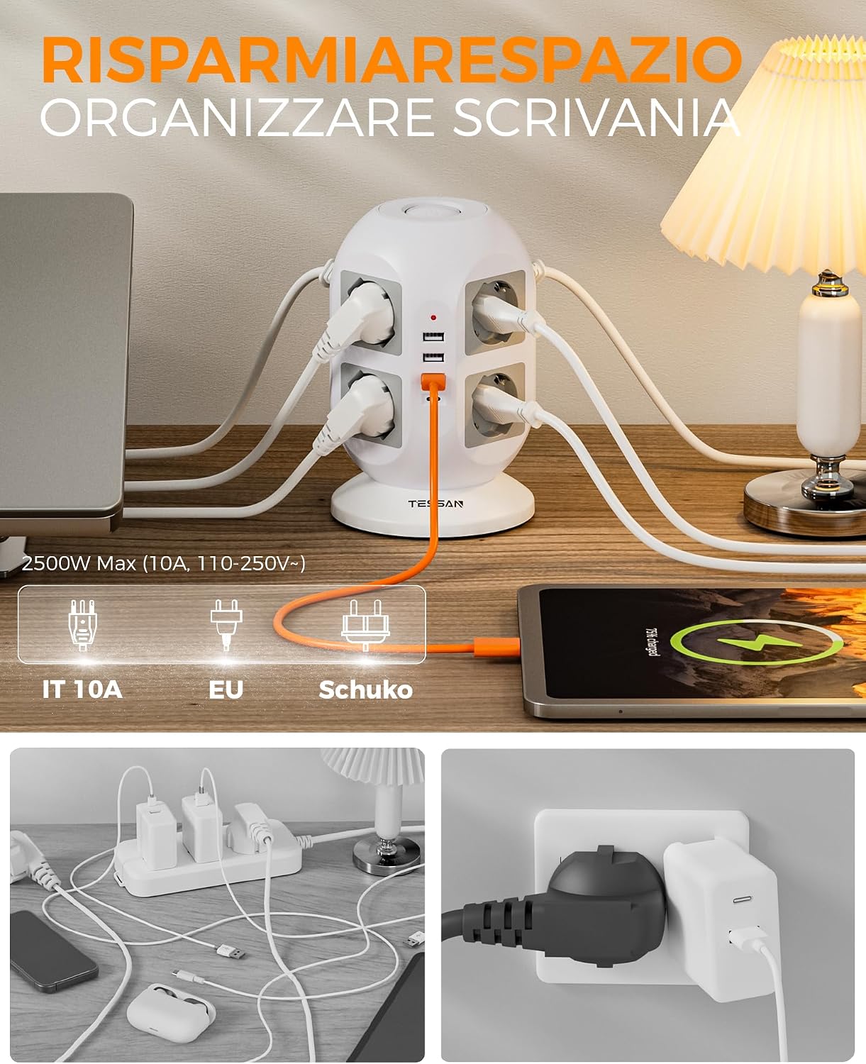 Detalle 2 de TESSAN Ciabatta multipresa 8 Schuko 2 m con 4 USB 🔌