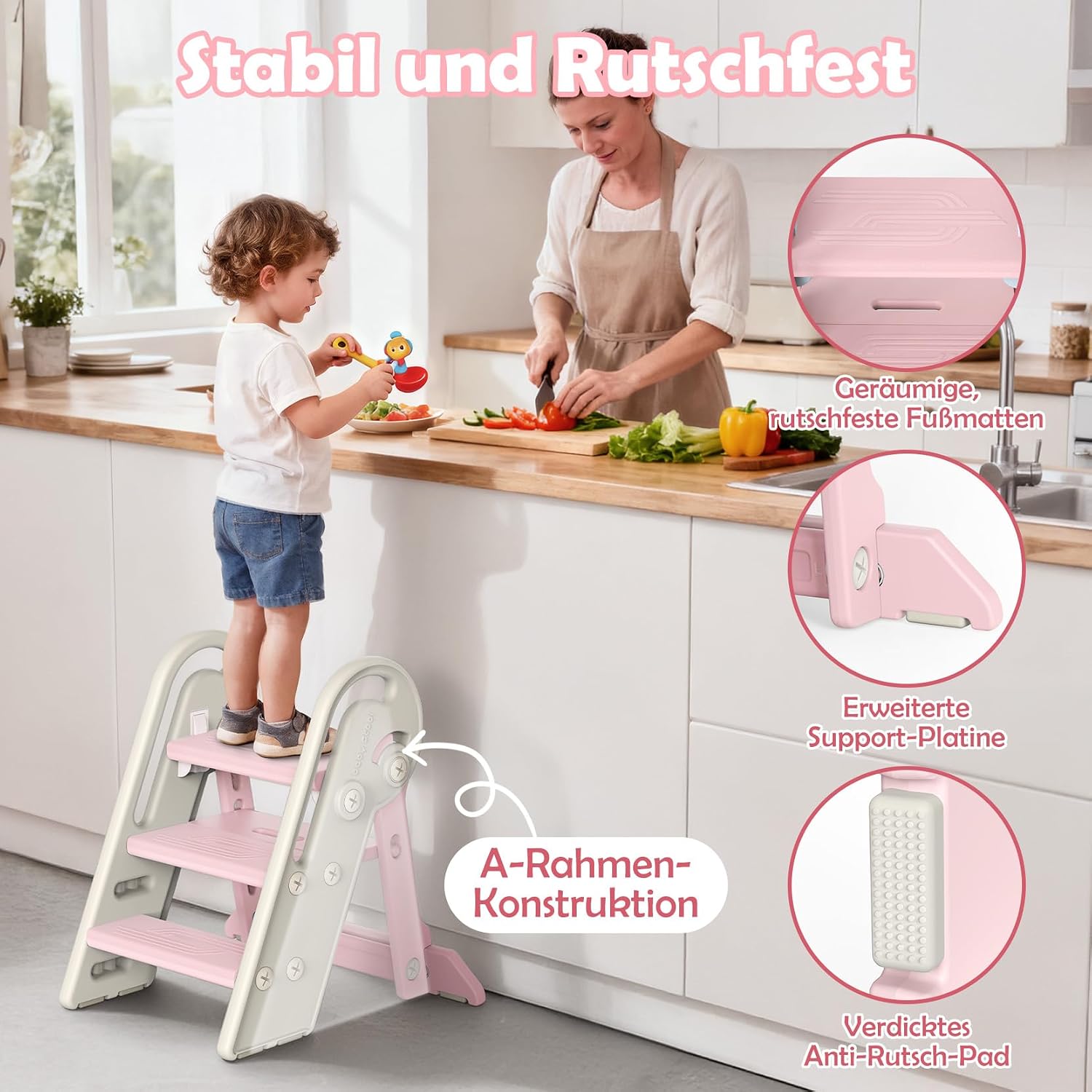 Detalle de Onasti Tritthocker Kinder – Höhenverstellbar, 3 Stufen, klappbar, Anti-Kipp, Rosa