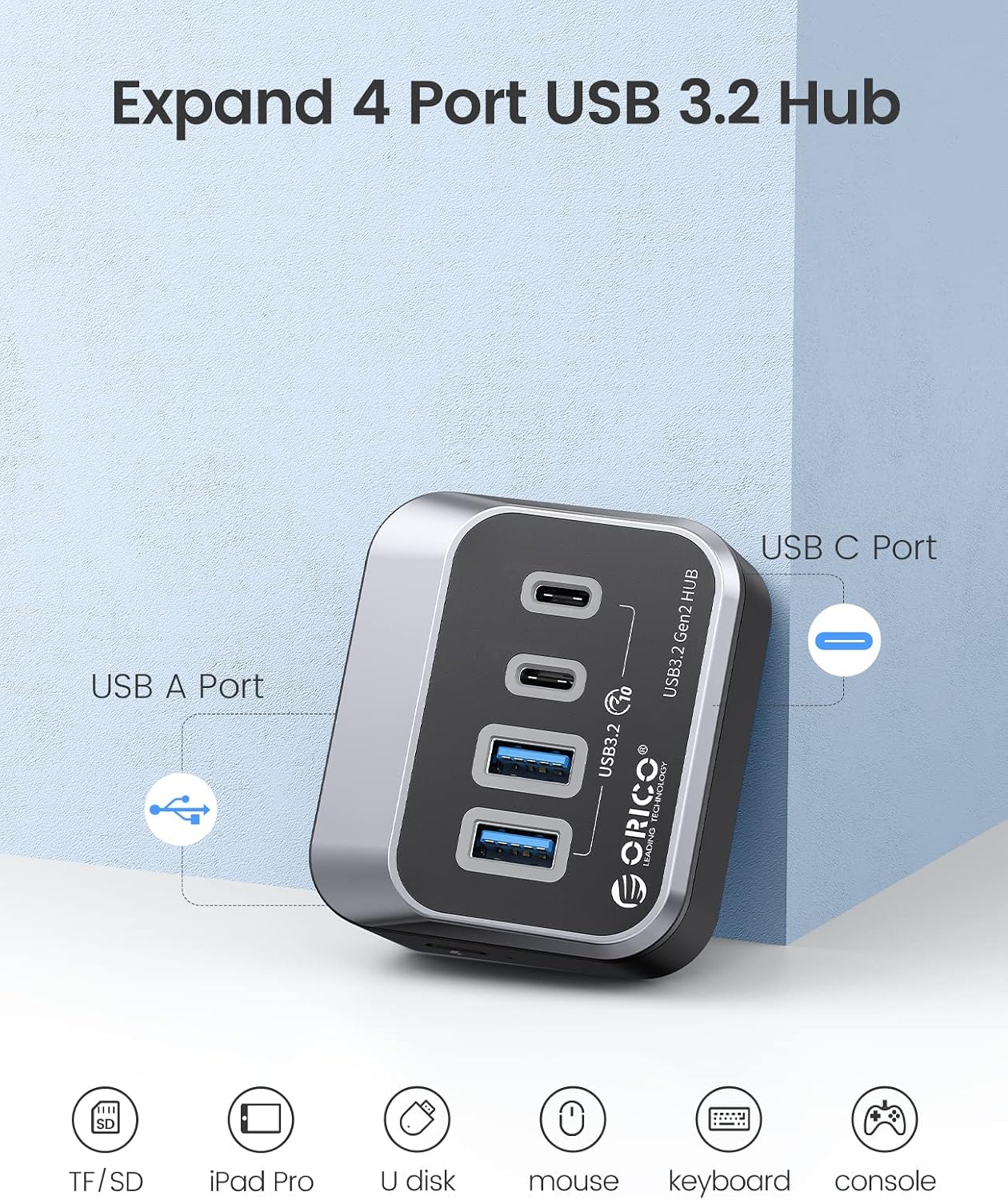 Detalle de ORICO 4-Port USB Hub 3.2 Gen 2 mit 2 Typ-A und 2 Typ-C, 10 Gbit/s – kompatibel mit Mac/PC/PS5