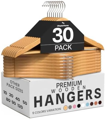 Utopia Home Wooden Hangers, 30-Pack, Natural Wood with 360° Rotating Hooks