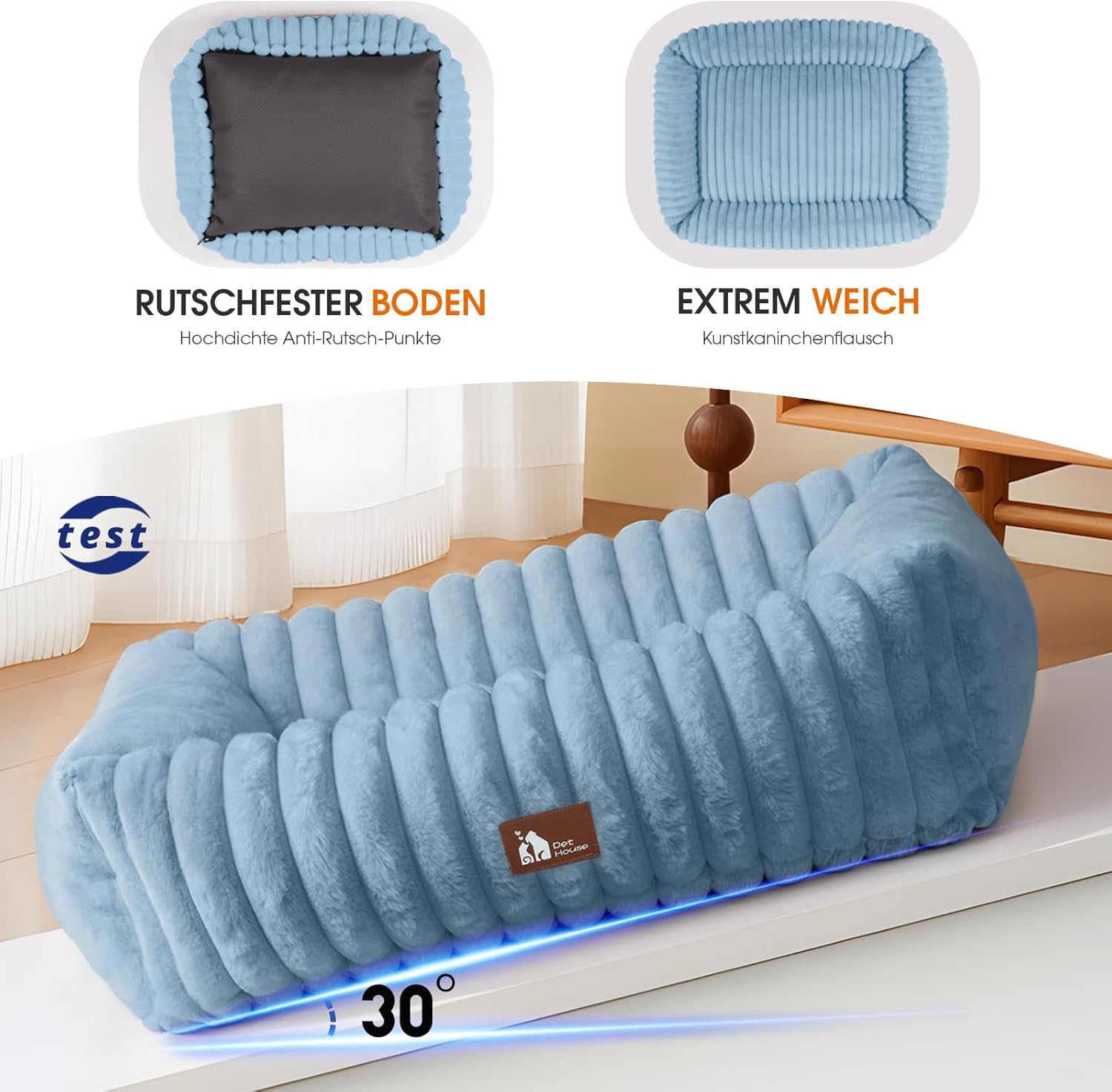 Thumbnail 4 de Upvilla Luxusweicher Hundekorb mit 4-seitigem Nackenkissen – Hundebett 109 × 76 × 20 cm (blau)