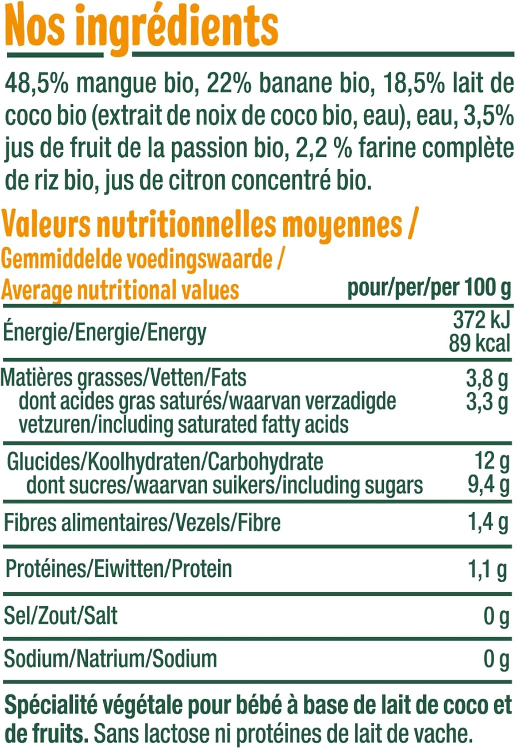 Detalle de GOOD GOÛT Brassé Végétal au Lait de Coco - Mangue Banane Passion, Dès 6 Mois (10x85g)