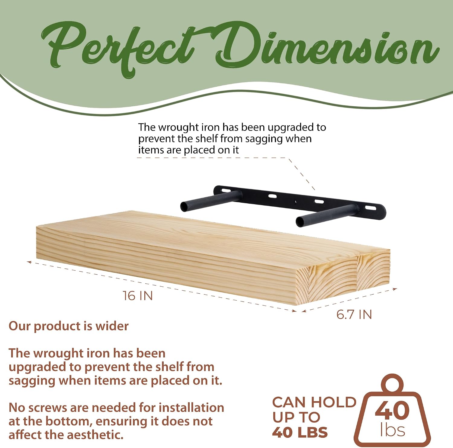 Detalle de SenlanMot Natural Pine Floating Shelves, Set of 2 with Hidden Brackets