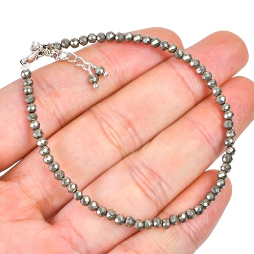Thumbnail 3 de GEMKORA Natural Golden Pyrite Crystals Bracelet – 3mm Beads, Sterling Silver, 7+1 Inches