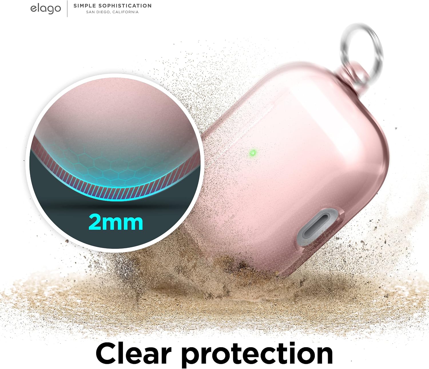 Detalle 2 de elago Coque transparente avec mousqueton pour AirPods 3 (Rose) – ruban adhésif inclus