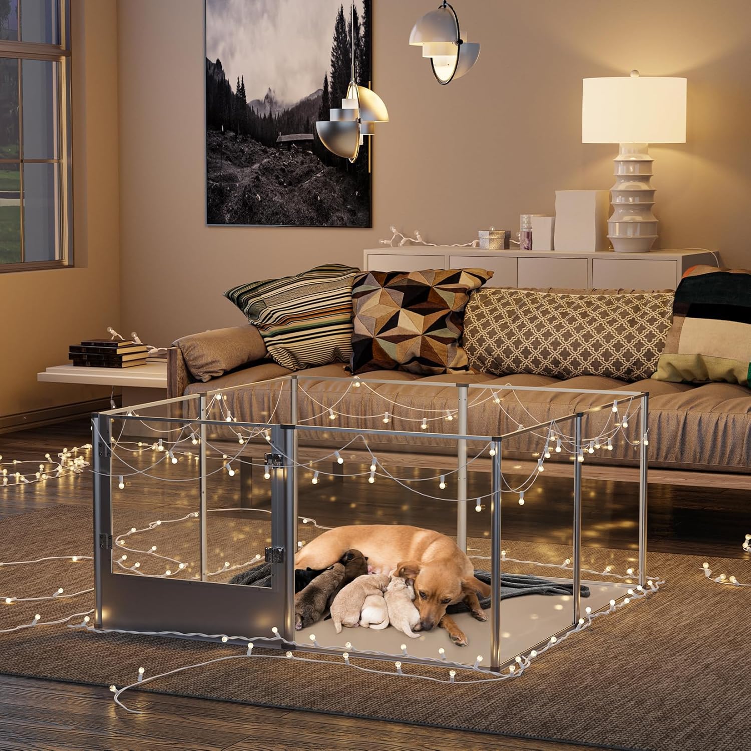 BingoPaw Acrylic Dog Playpen Fence – Extra Large Heavy-Duty Clear Exercise Pen (132cm x 132cm x H80.5cm) with Waterproof Fertility Pad