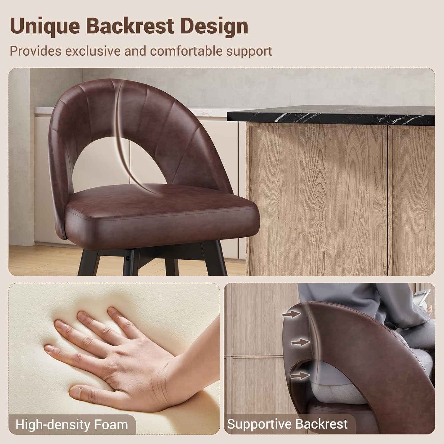 Detalle 2 de YaFiti FW_847 Counter-Height Swivel Bar Stools, Set of 3, Saddle Brown