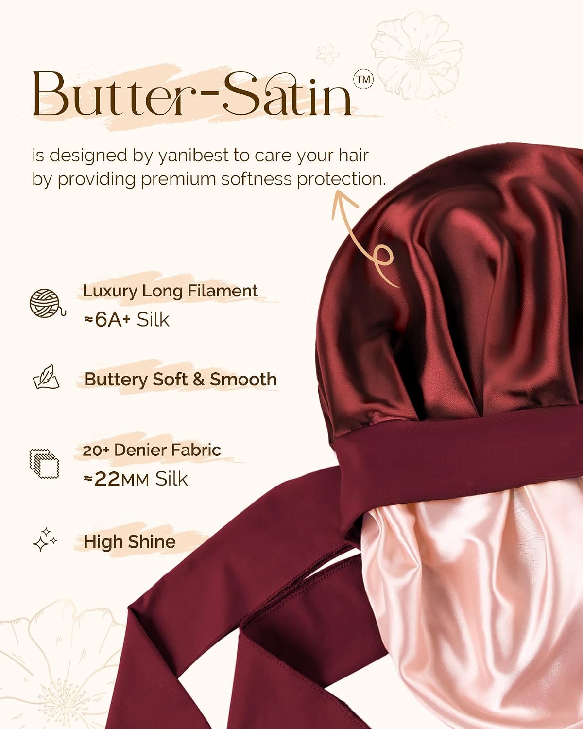 Detalle de YANIBEST Satin Seide Haube für schlafende Frauen – Double Layer Haar Bonnet mit elastischem Bindeband