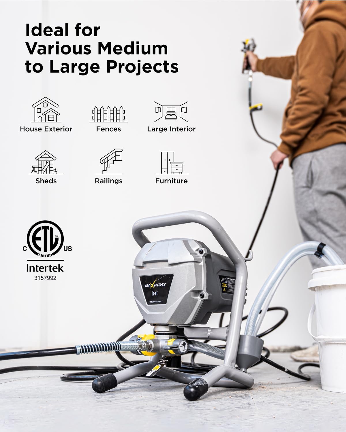 Detalle de InoKraft MaXpray M1 Airless Paint Sprayer: Fast, thinning-free spraying for walls, ceilings, and more