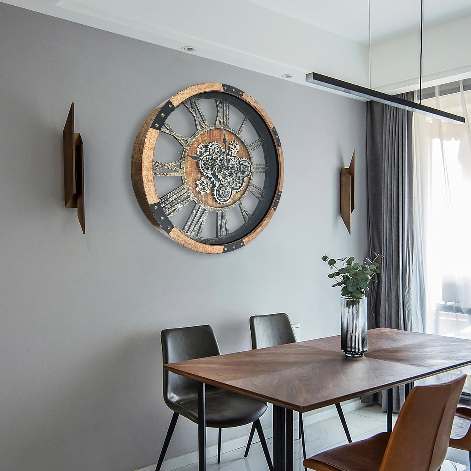 Detalle 2 de DORBOKER DOR2026 24-Inch Moving-Gear Wooden Wall Clock, Brown