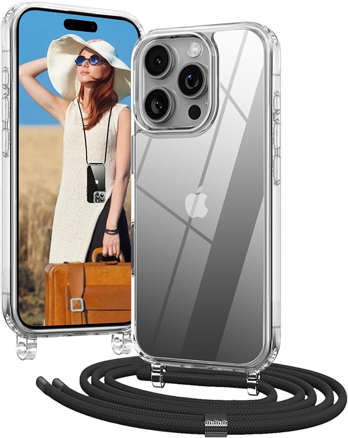 Detalle de OLEPHY funda para iPhone 16 Pro 6,3" con correa ajustable