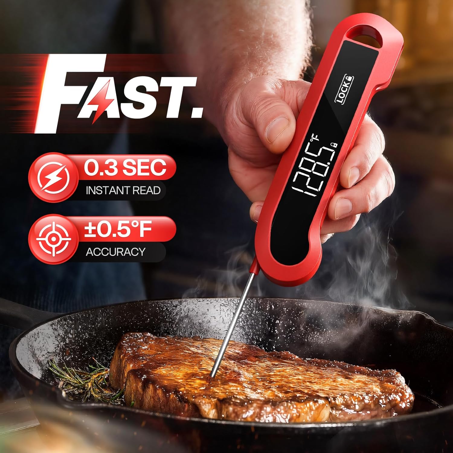 Detalle 2 de ONFIKY 0.3 Sec Instant Read Meat Thermometer, Red, ±0.5°F Precision