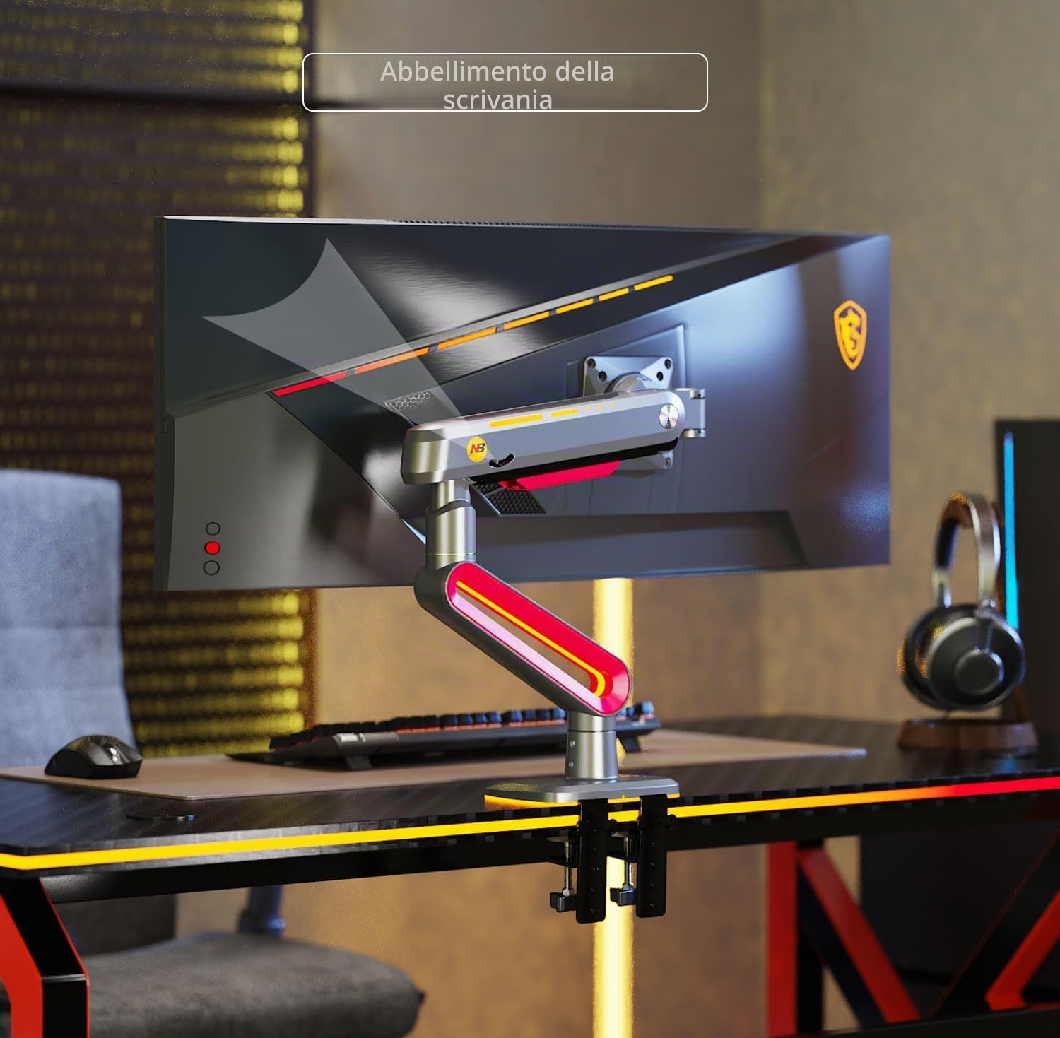 Detalle de NB Ergonomic RGB Supporto per monitor 32–60 pollici, braccio fino a 20 kg, VESA 75/100, rosso