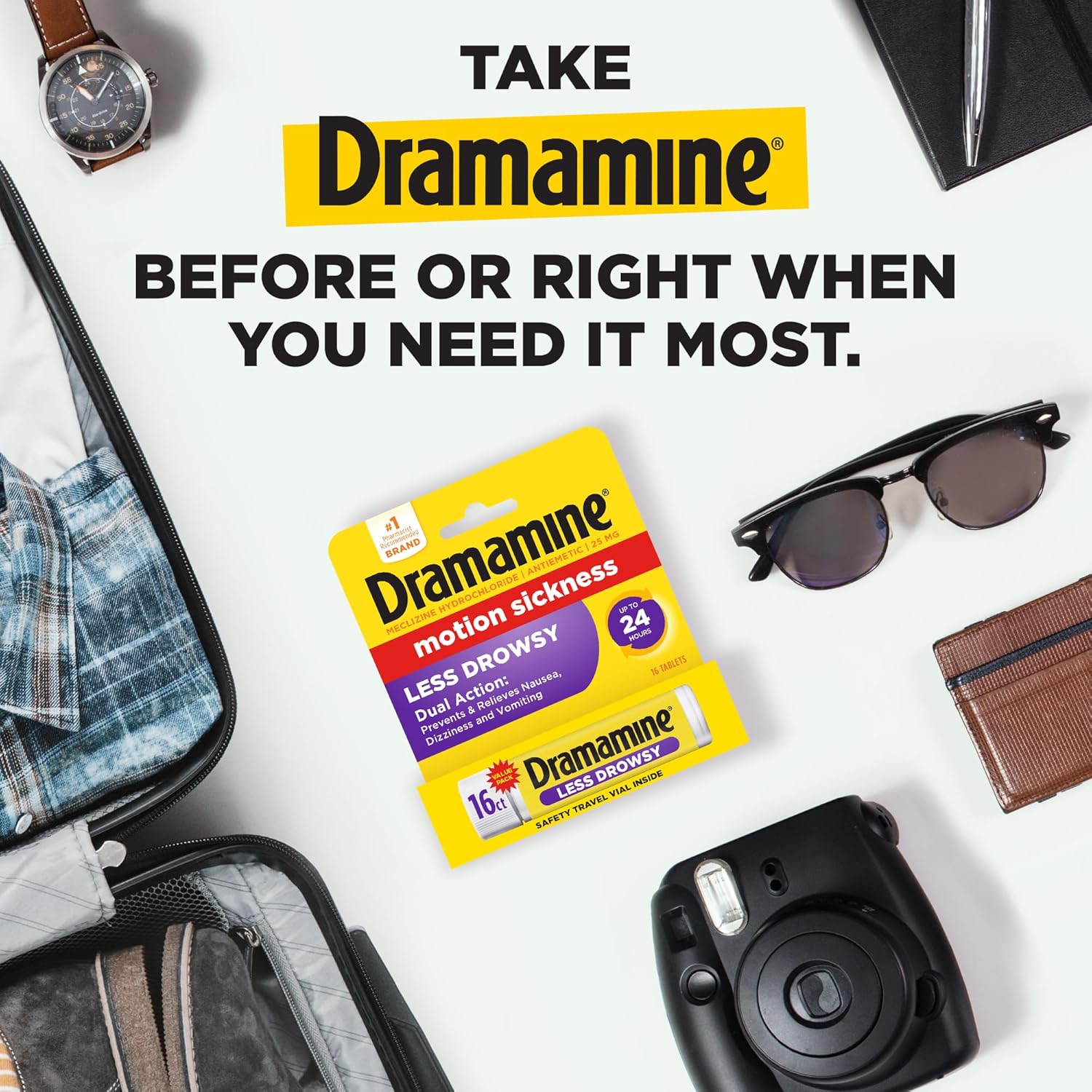 Detalle de Dramamine Motion Sickness Relief Less Drowsy Tablets, 16 Count with Meclizine