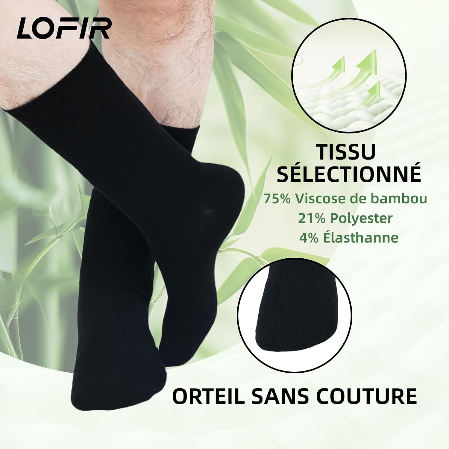 Detalle de Chaussettes diabétiques LOFIR sans couture en bambou (sans élastique) – lot de 6 paires, tailles 39-46