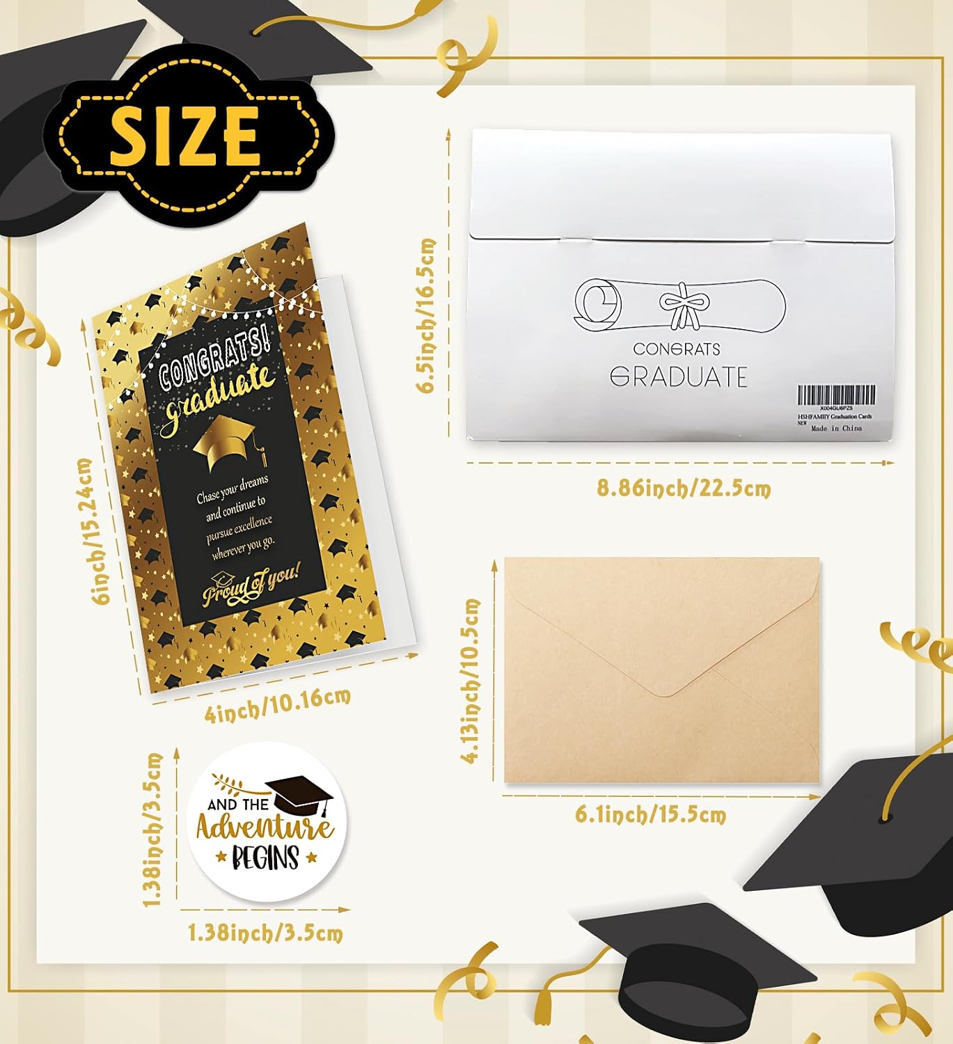 Thumbnail 2 de HSHFAMIIY Graduation Cards: 12 Black & Gold Congrats Cards with Envelopes (4 Designs) - Blank Inside