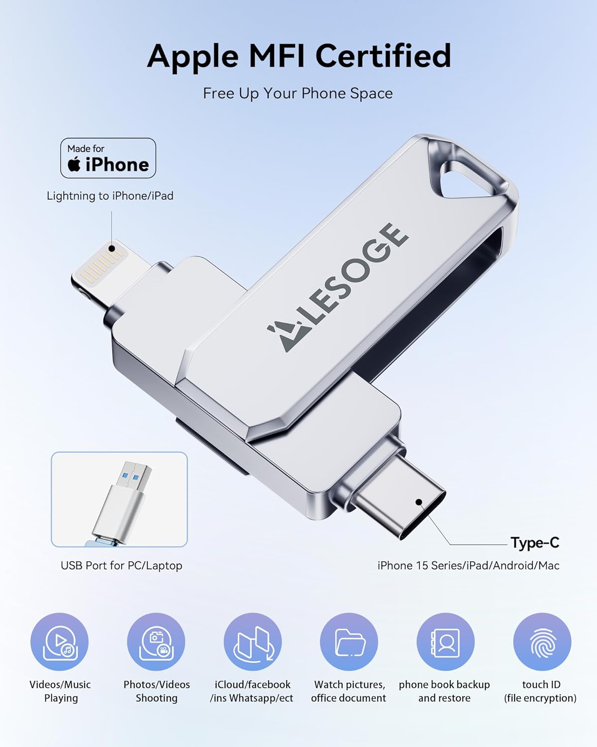 Thumbnail 1 de MFi Certified 256GB iPhone Photo Stick Flash Drive (Lightning + USB-C) — Grey