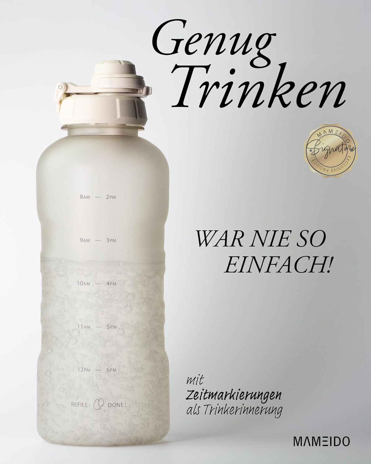 Detalle de MAMEIDO Trinkflasche mit Strohhalm & Zeitmarkierung 2 l (Tritan, auslaufsicher, BPA-frei)