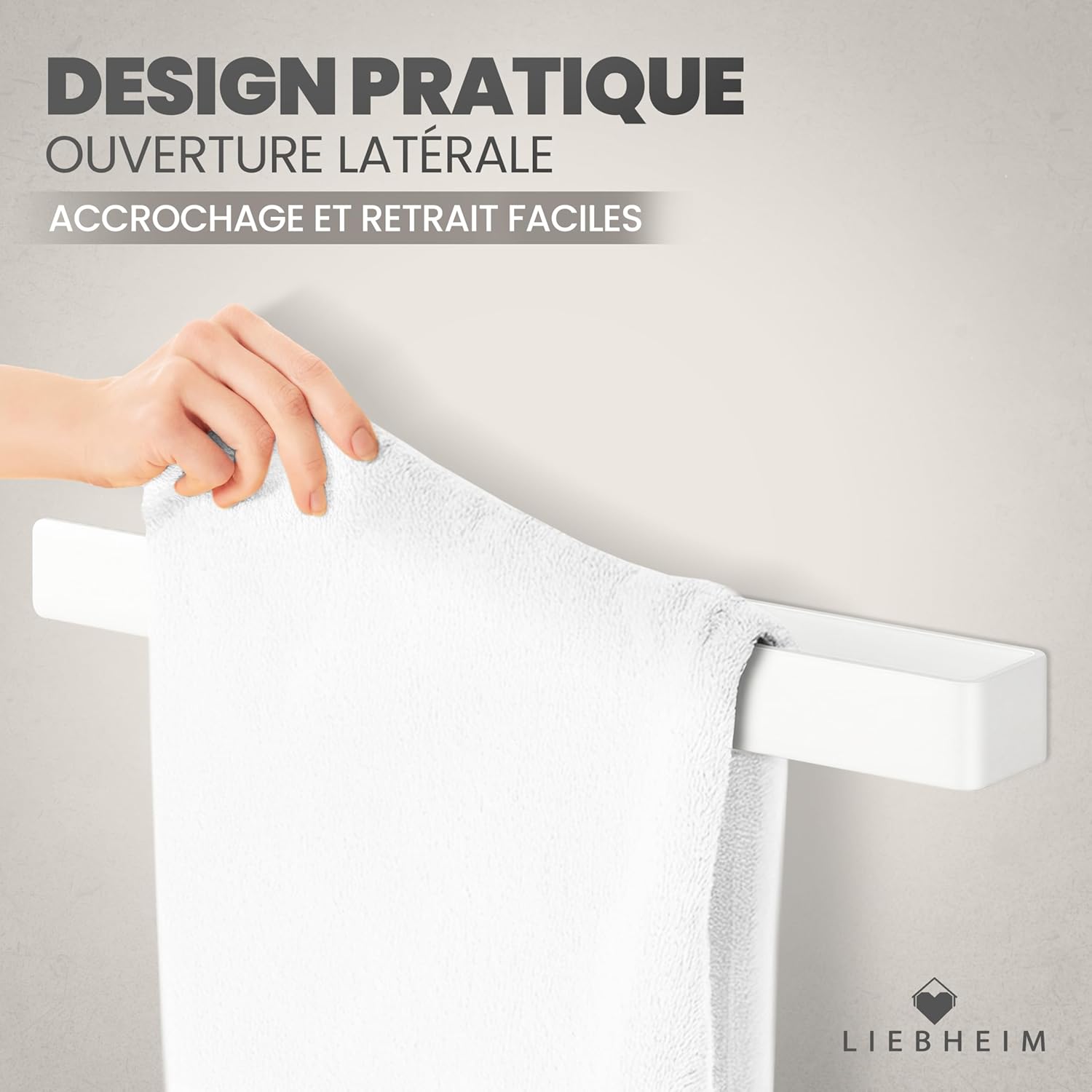 Detalle de LIEBHEIM porte-serviette mural aluminium blanc 40 cm (sans perçage)
