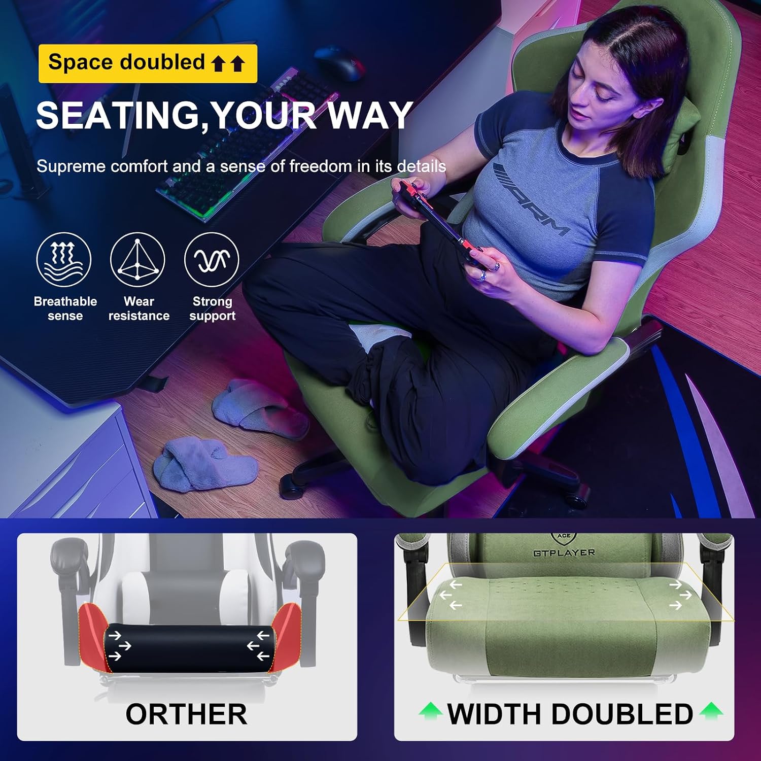 Detalle 2 de GTPLAYER LR008 Ergonomic Gaming Chair with Footrest, Reclining, Green