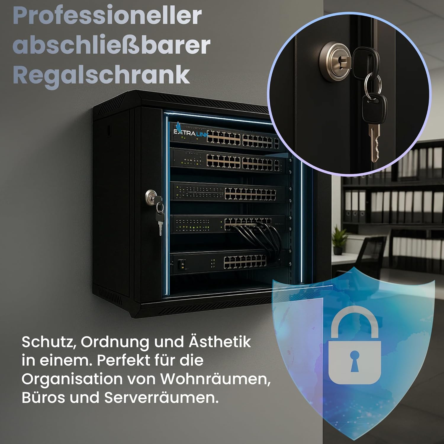 Thumbnail 2 de Extralink 19-Zoll-Serverschrank 9HE (450 mm) mit gehärteter Glastür, abschließbar – Wand- oder Standmontage