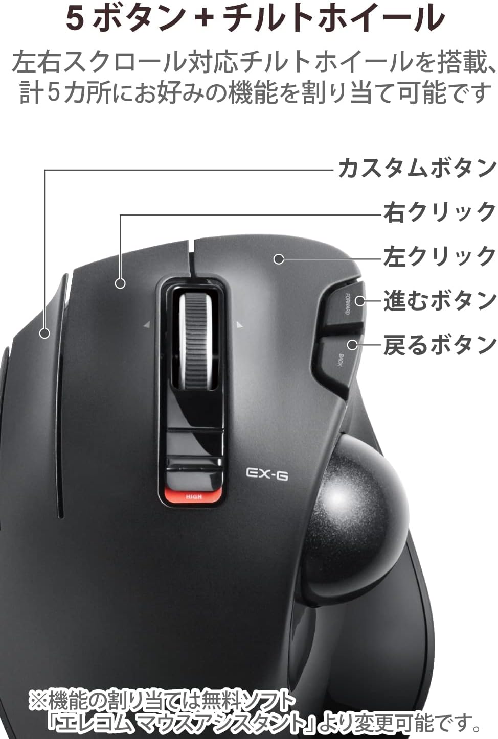 Detalle de エレコム M-XT4DRBK EX-G 左手用トラックボール 6ボタン・チルトホイール搭載