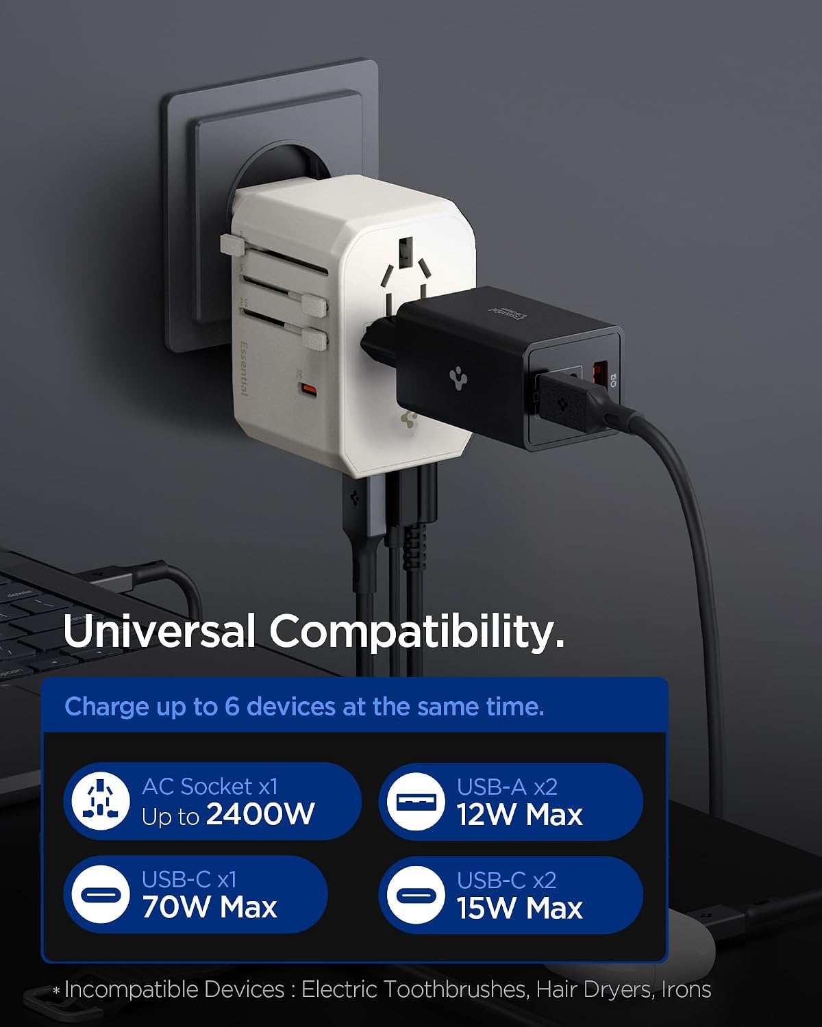 Detalle de Spigen ArcStation Weltweit Reiseadapter (GaN) 70 W – 5-Port Universaladapter mit 3× USB‑C, 2× USB‑A und AC-Steckdose