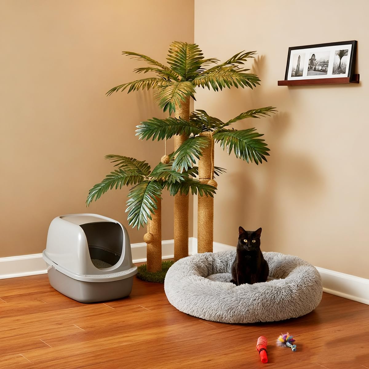 Thumbnail 1 de LEMONDA 31.5Inch Cat Scratching Post Tree (Palm Tree) with 3 Scratching Poles & 2 Interactive Dangling Balls