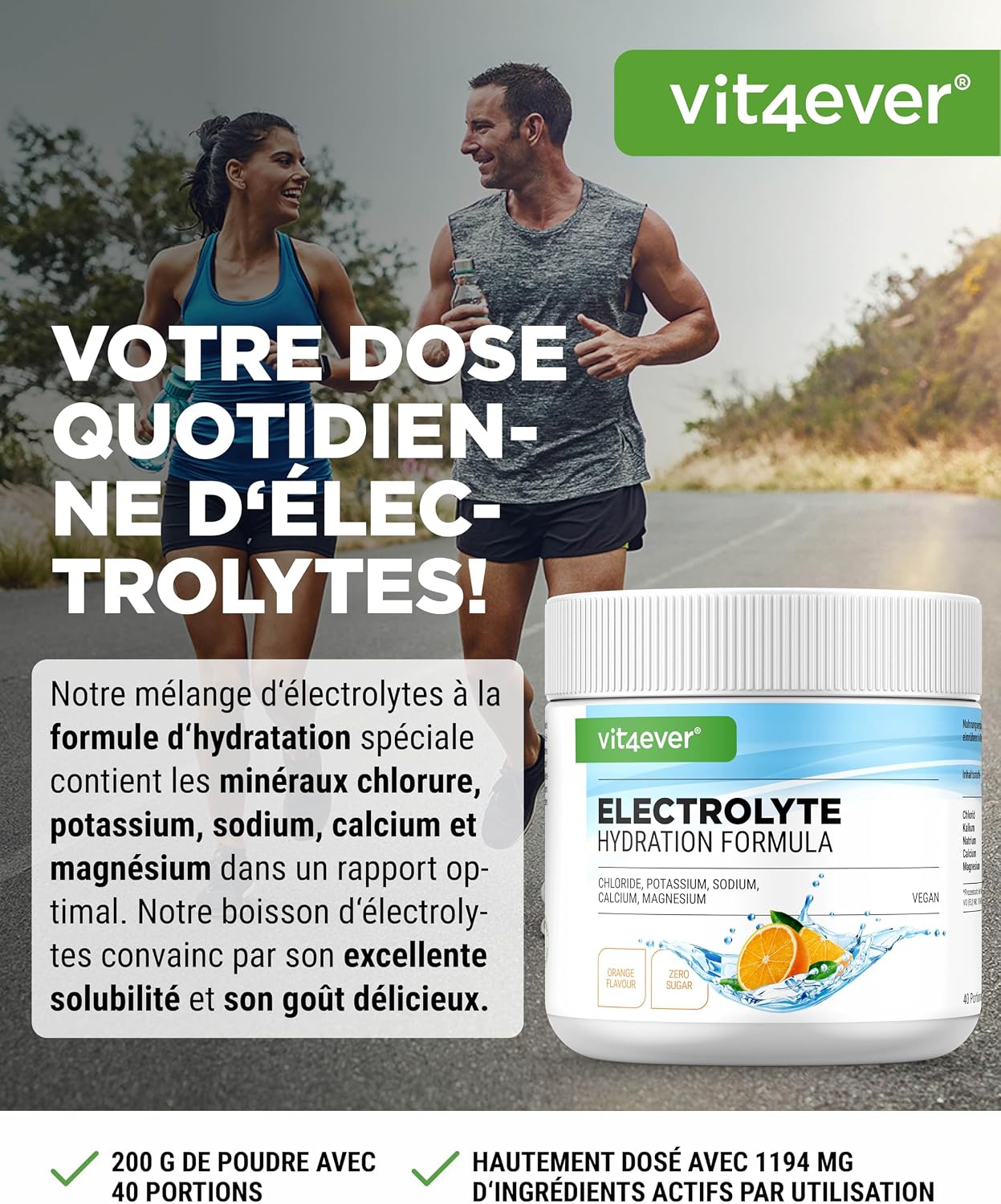 Detalle de Electrolytes 200 g (40 portions) en poudre sans sucre – Formule d’hydratation à l’orange