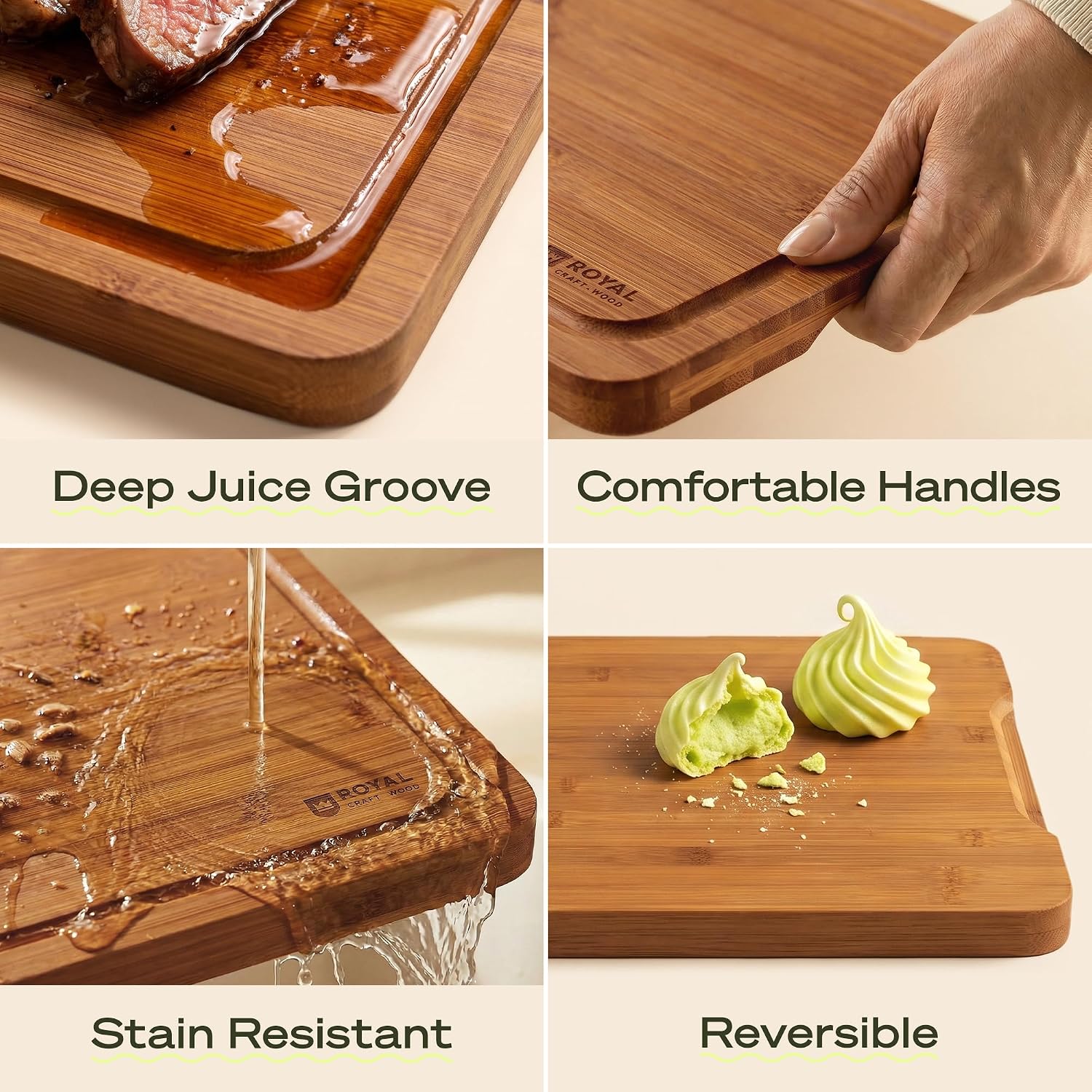 Detalle 2 de ROYAL CRAFT WOOD Carbonized Brown Cutting Board Set, 3-Piece Bamboo