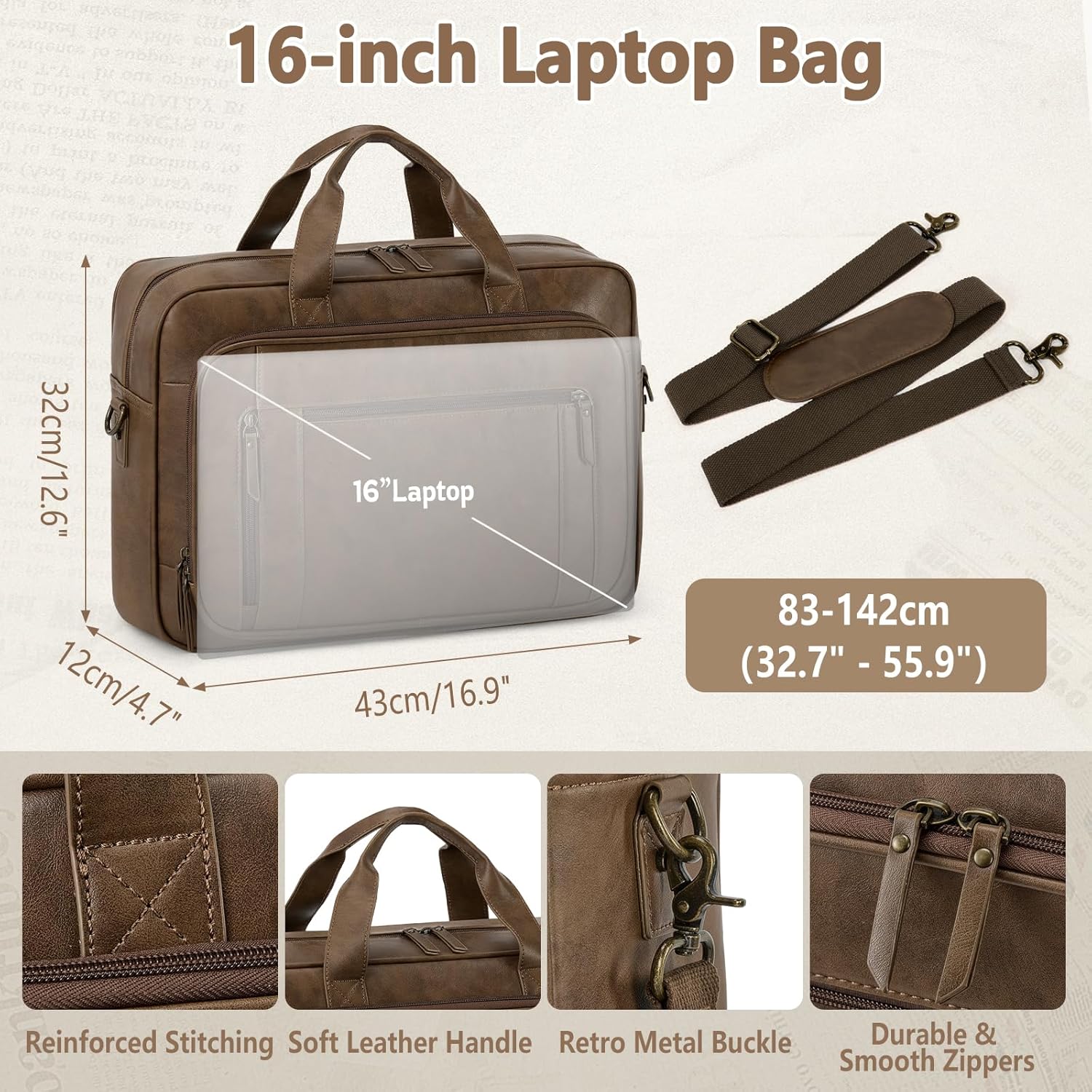 Thumbnail 4 de RAINSMORE Laptop Bag for Men – 16 Inch Waterproof PU Leather Satchel Briefcase