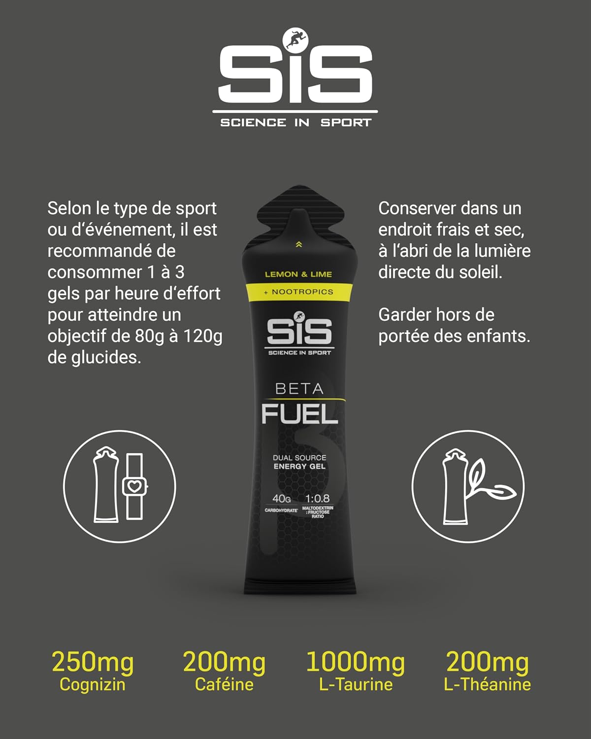 Detalle de Science in Sport BETA Fuel Gel + Nootropique 30 x 60 ml Citron et citron vert – Gel énergétique 40 g de glucides